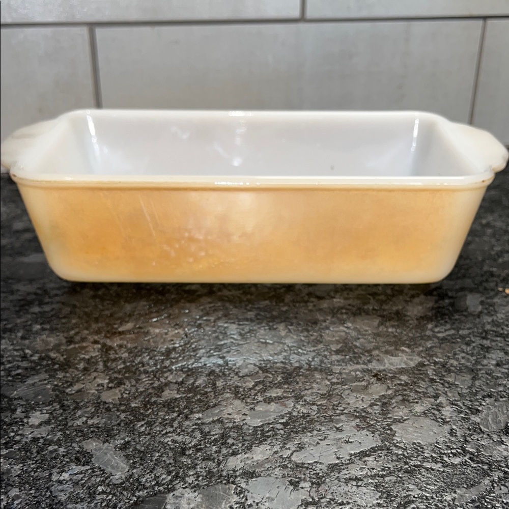 Fire King  9” loaf pan. Vintage Yellow irradescent Baking Dish 409 Peach Luster